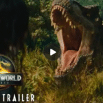 Dinosaur in a misty jungle from Jurassic World: Rebirth, roaring with intensit