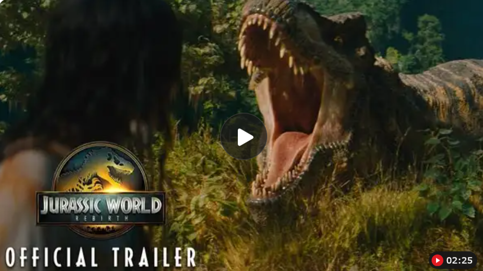 Dinosaur in a misty jungle from Jurassic World: Rebirth, roaring with intensit